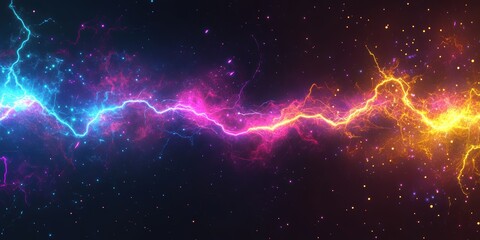 Fototapeta premium Vibrant Lightning Bolt Across a Cosmic Background of Stars and Nebulae, Showcasing Electric Blue, Fiery Pink, and Glowing Orange Colors in a Stunning Sci-Fi Art Style