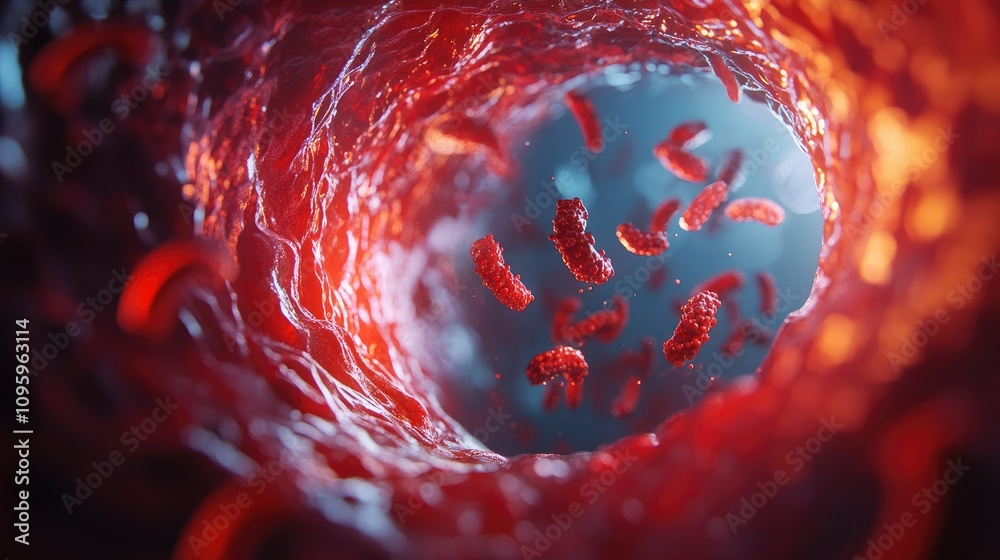 Poster 3d cross-section of a clogged artery with cholesterol deposits, showing a dramatic reduction in bloo