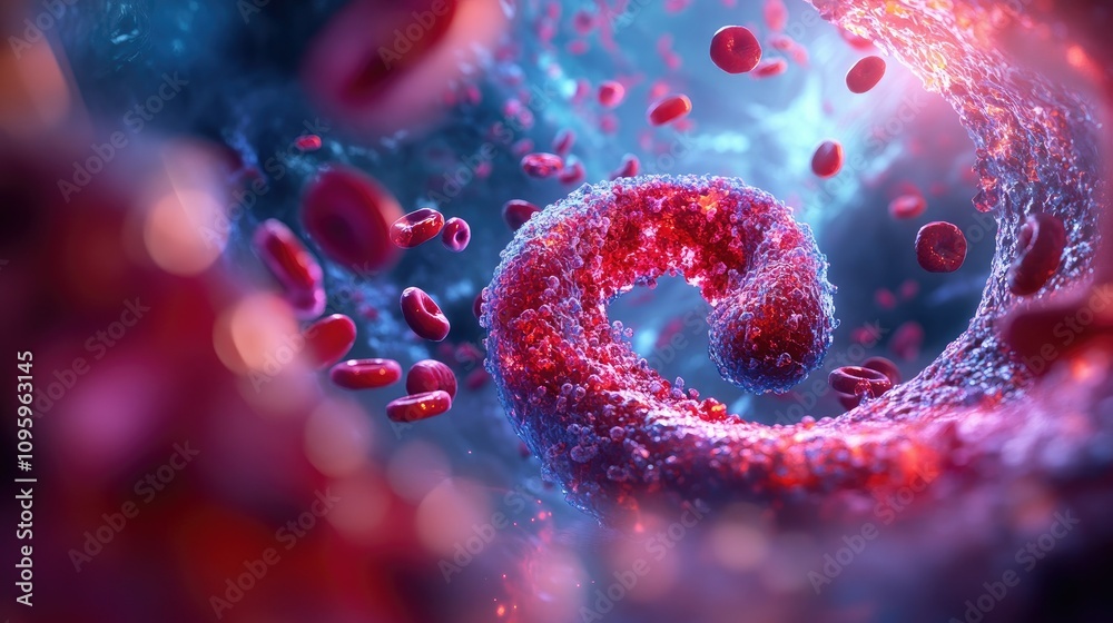 Poster 3d cross-section of a clogged artery with cholesterol deposits, showing a dramatic reduction in bloo