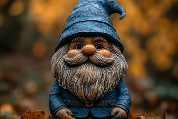 A whimsical garden gnome with a blue hat and a friendly smile.