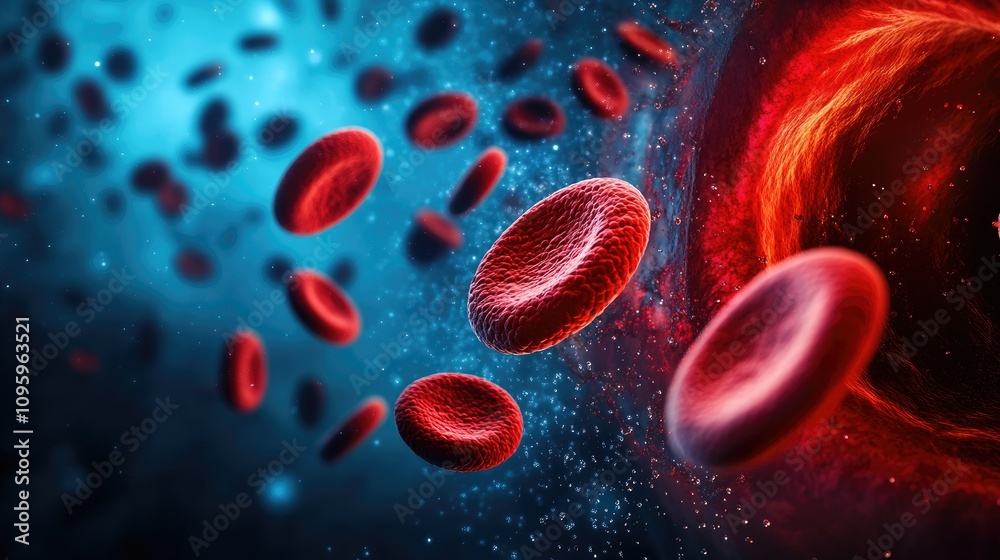 Poster a 3d illustration showing cholesterol plaques in an artery, blocking the flow of red blood cells and