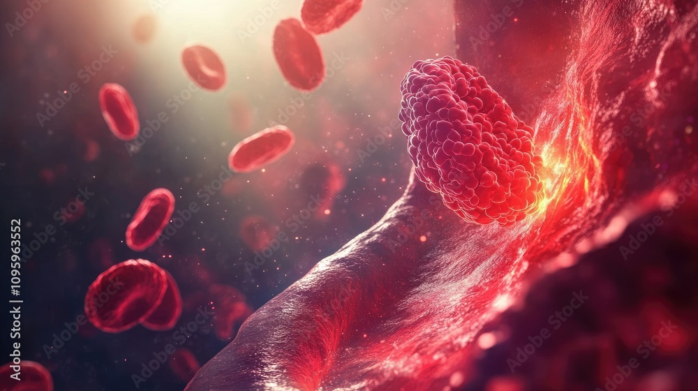 Poster a 3d illustration showing cholesterol plaques in an artery, blocking the flow of red blood cells and