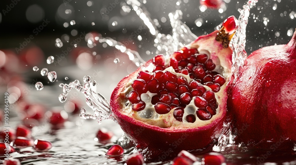 Poster a dynamic splash of water with freshly cut pomegranate, its red seeds flying in all directions, addi