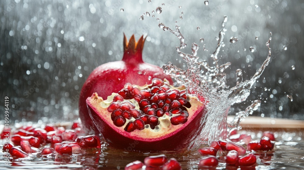 Poster a dynamic splash of water with freshly cut pomegranate, its red seeds flying in all directions, addi