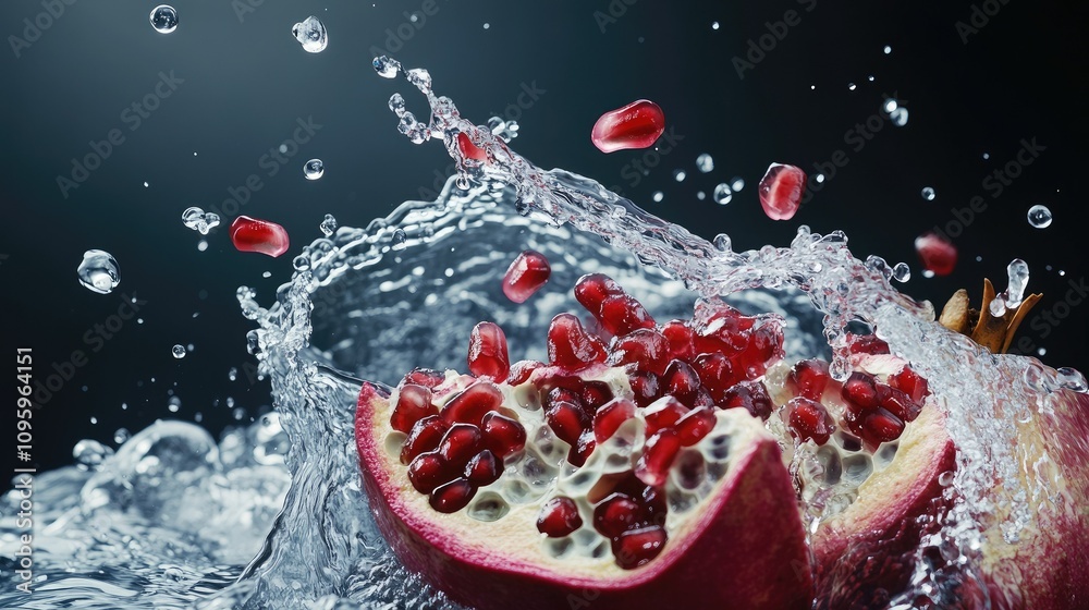 Poster a dynamic splash of water with freshly cut pomegranate, its red seeds flying in all directions, addi