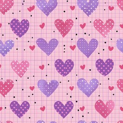 Playful hearts on a pastel grid background.