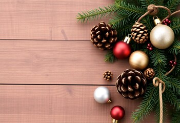 Festive Christmas Decor Wooden Background Pine Cones Ornaments