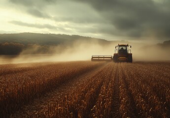 Fototapeta premium Majestic Farming Landscape at Dusk with a Powerful Tractor Harvesting Golden Crops under Dramatic Clouds and Soft Dust in the Air