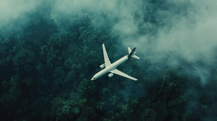 Fototapeta premium A high-altitude shot of a white airplane, powered by biofuels, cutting through a foggy rainforest, demonstrating a sustainable future for air travel above lush greenery