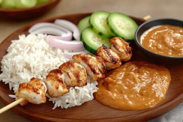 A delicious plate of grilled chicken skewers with rice, cucumbers, onions, and peanut sauce, beautifully arranged.