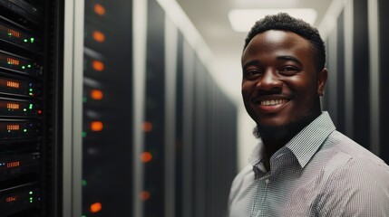 Shot of a Smiling IT Engineer Standing in the Middle of a Working Data Center Server Room. Visualizations of Data Transmission Through High Speed Internet. User Interface Icons in the Foreground.