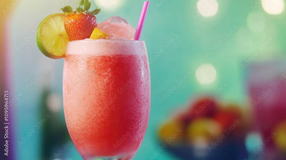 Poster a refreshing strawberry lime frozen cocktail with a pop of vibrant color in the background, garnishe