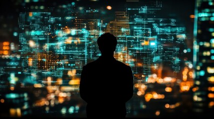 Silhouette of a person observing a futuristic cityscape with glowing digital lights and data visualization at night.
