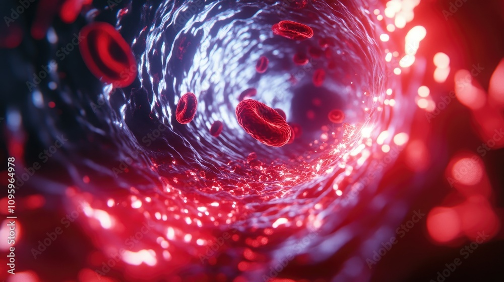 Poster a visual representation of a clogged artery in 3d, with cholesterol plaques forming inside the vesse