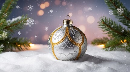 w, golden Christmas decorations on abstract winter background