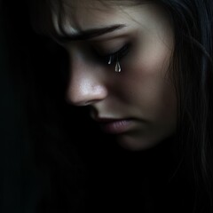 Sad woman, single tear, dark background.