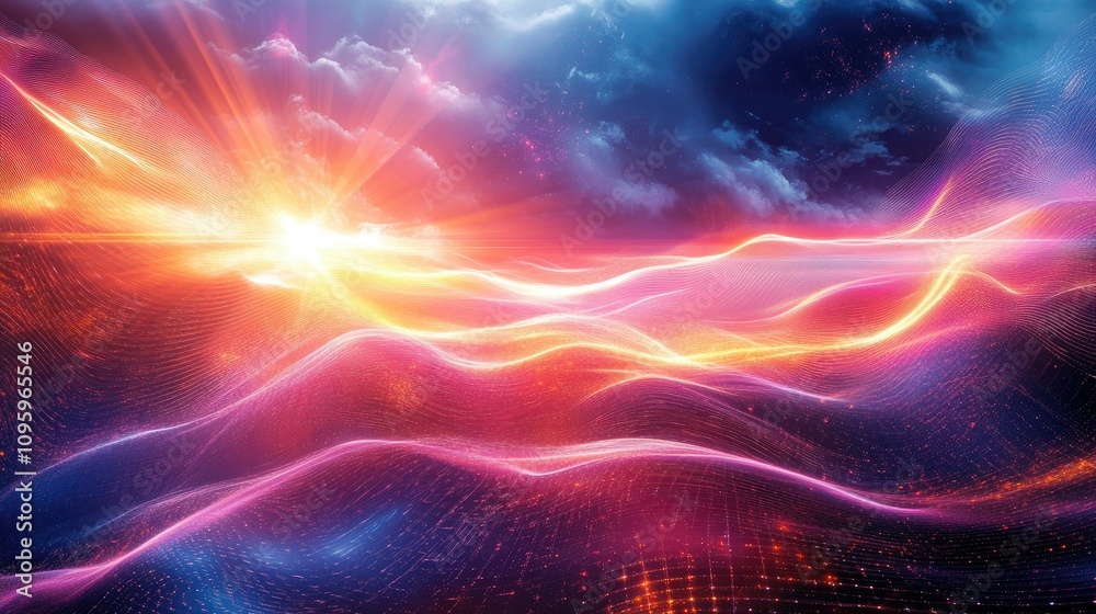 Poster An AI-created abstract landscape, with light rays moving across the scene in dynamic waves, creating a futuristic, energetic atmosphere of illuminated color