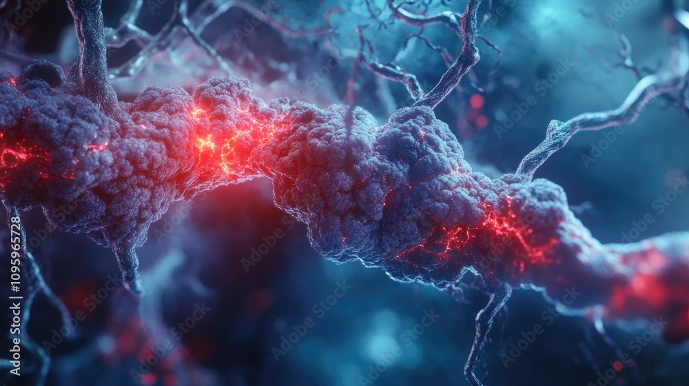 Poster detailed 3d rendering of a clogged artery with buildup of cholesterol plaques, illustrating the redu