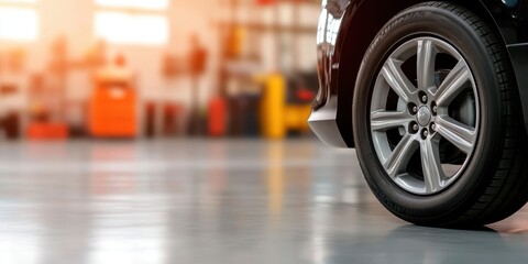 Close up of a Silver Alloy Wheel on a Black Car in a Garage