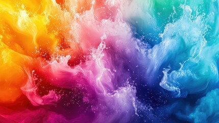 Explosive, fluid abstract digital art featuring rainbow-like colors in a dynamic pattern, waves and splashes interweaving for a captivating and energetic visual experience