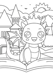 Coloring book for children with a cute dinosaur in front of the castle
