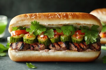 A vibrant grilled meat sandwich filled with fresh vegetables and herbs, showcasing mouth-watering layers of flavor.