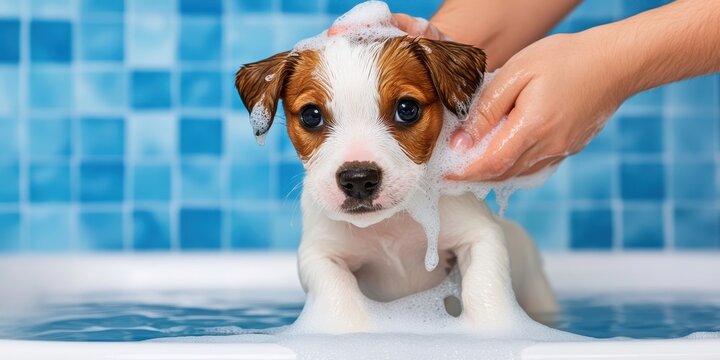 Adorable Jack Russell Puppy Getting a Bath, Happy and Clean - Powered by Adobe