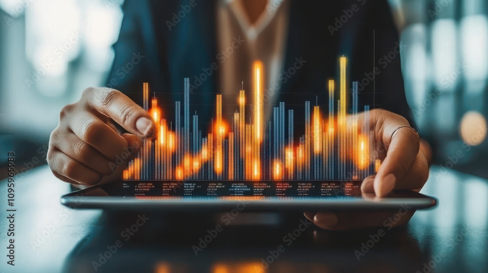 Poster person analyzing digital financial graphs on tablet device, displaying data visualization with brigh