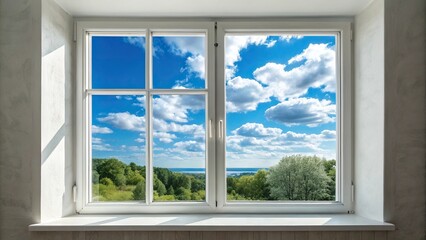 A beautiful window that captures the vibrant colors of a clear blue sky with puffy white clouds, vibrant, clouds