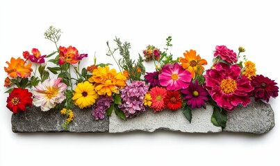 Obraz premium Vibrant flowers arranged on stone, white background.