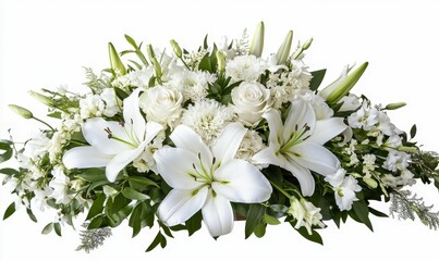 Elegant white lilies, roses, and other flowers.