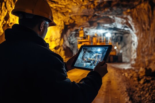 Industry operator use computer tablet for control rig platform for drilling wells for installing explosives on open pit mine coal, mineral, marble