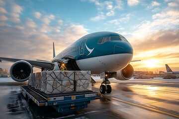 Obraz premium A large passenger airliner being loaded with cargo at sunset.