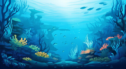 Fototapeta premium Vibrant Underwater Seascape: An Enchanting Illustration of a Coral Reef Ecosystem with Diverse Marine Life, Showcasing the Beauty and Serenity of the Ocean Depths
