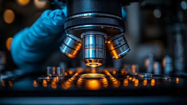 microscope, laboratory equipment, scientific research, close-up, blue gloves, metallic lenses, precision instruments, biological sample, glass slide, medical research, 