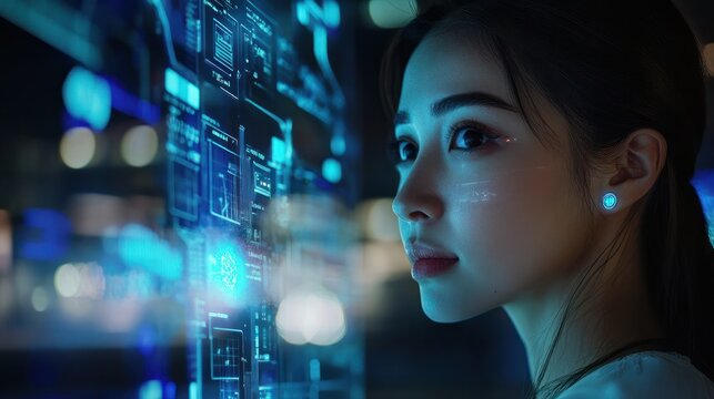 Technology, ai and business woman networking or trading at night using virtual UX interface at work. Female using big data hologram with futuristic 5g network and social connections in dark office