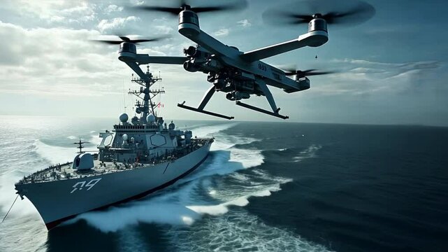 Battleship drone flying above the vessel, capturing real-time surveillance data.