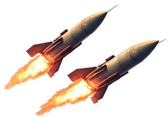 Military missiles flying in the air with flames isolated on white background.