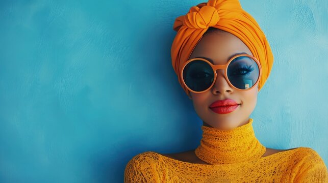 Sunglasses, fashion and women on blue background by wall with trendy clothes, accessories and style. Happy, summer clothes and face of female people with smile on holiday, vacation and weekend