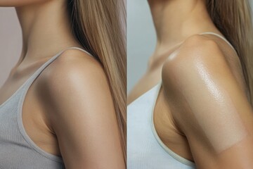 Women underarm hair removal. Concept before and after shaving sugar depilation laser