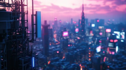 Telecommunication tower with 5G cellular network antenna on city background
