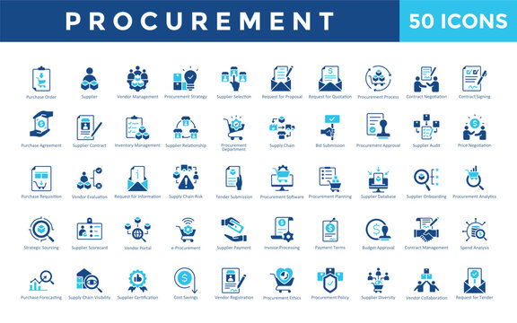 Procurement icons set with purchase order, supplier, vendor management, procurement strategy, supplier selection, request for proposal, request for quotation icon. Simple flat vector 
