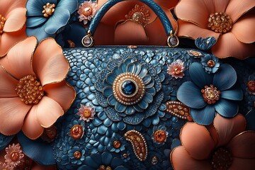 Naklejka premium A blue jeweled handbag adorned with intricate floral designs.