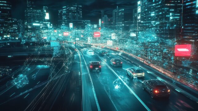 The wireless systems 5g and internet of things, technology 4.0 sensing system. network of vehicle to used internet signal in car when drive ever way.