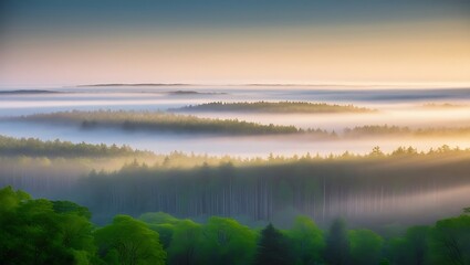 Panoramic Forest at Dawn with Morning Fog and Sun Rays