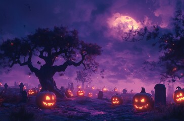 Fototapeta premium Spooky Halloween Night Scene with Glowing Jack-o'-Lanterns, Eerie Fog, and a Majestic Full Moon Illuminating a Graveyard