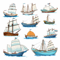 Collection of Diverse Ships on White Background