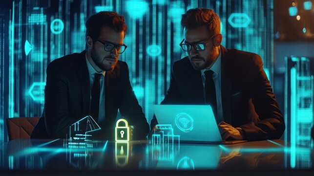 Two businesspeople in formal wear working on the project to protect cyber security of international company using laptop. Padlock Hologram icons. Teamwork concept.