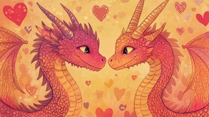 Obraz premium Romantic dragons with hearts background illustration