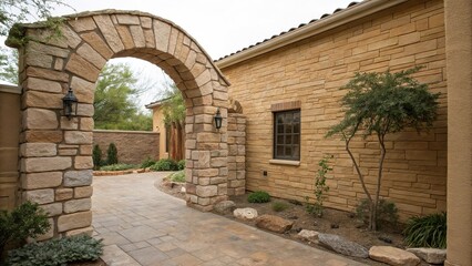 Obraz premium Earthy exterior with a stone archway against a light brown brick wall background, arched doorway, light brown brick wall texture, natural stone